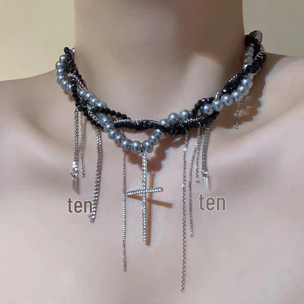 Y2K Gothic Style Black Beaded Cross Necklace & Cool Girl Sweatshirt Accessory