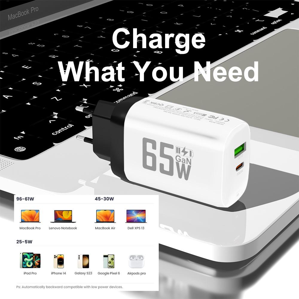 65W GaN QC 3.0 PD Fast Charger, USB, EU/US Spec, 9V/12V Compatible for Laptop