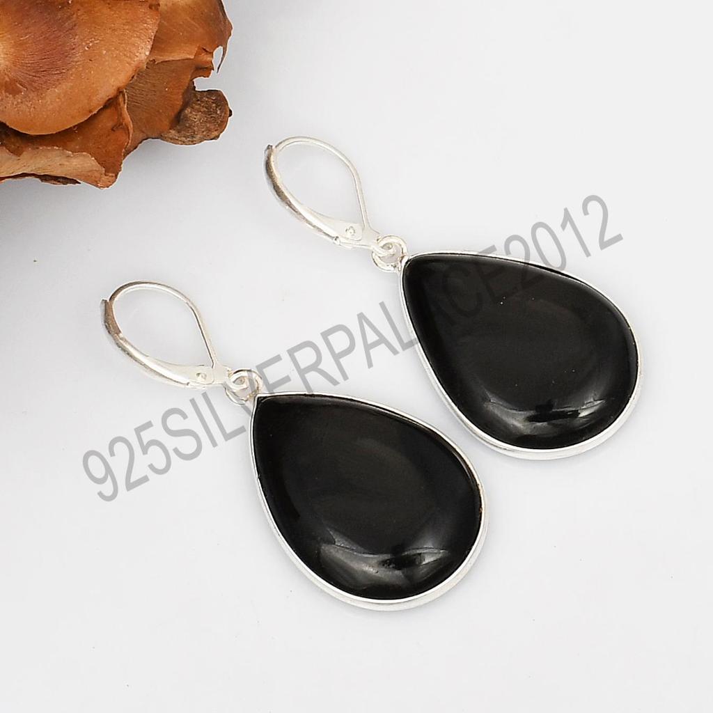 Black Onyx Pear Shape Earrings In 925 Sterling Silver Plated Handmade Dangle Jewelry Leverback Earrings