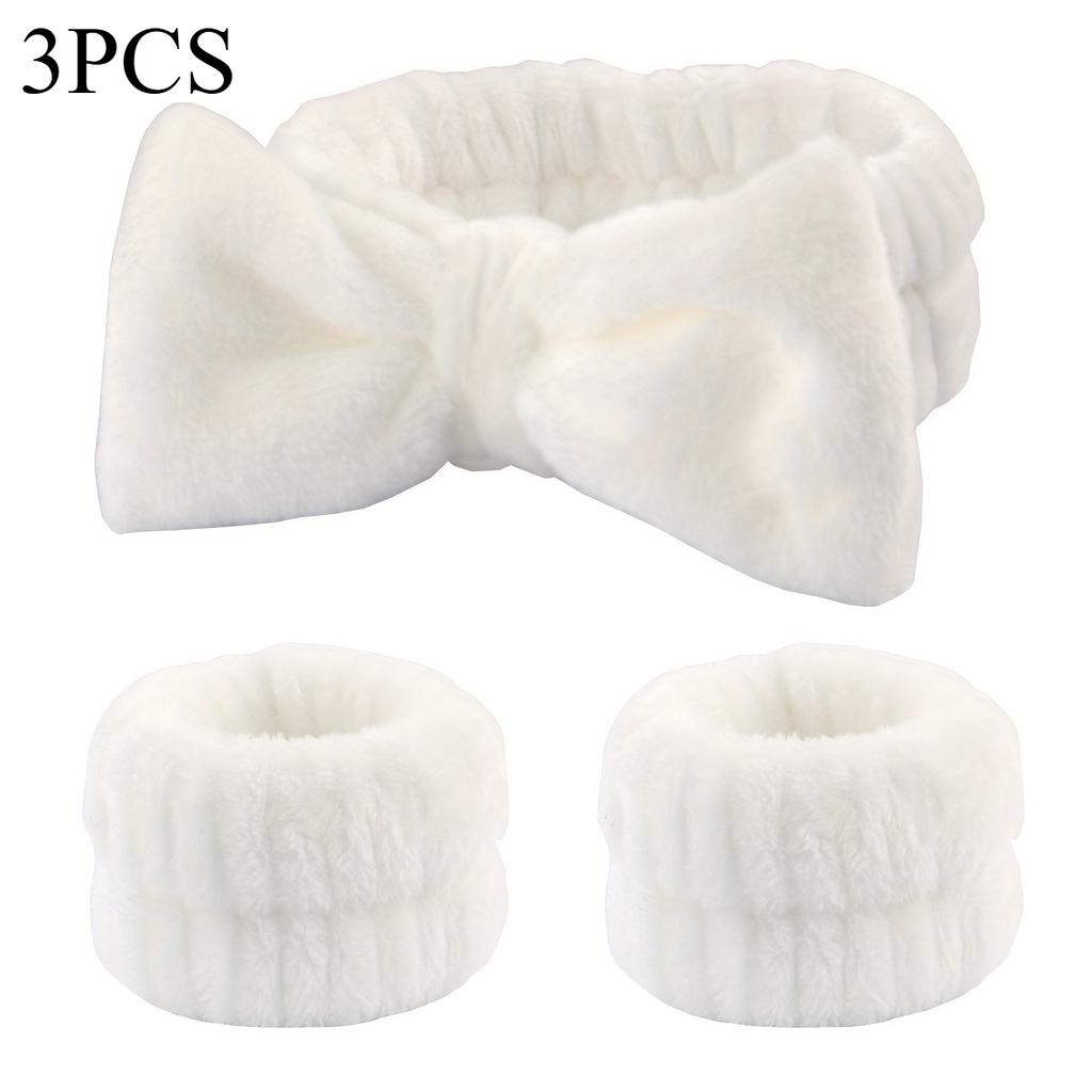 3pcs Adorable Bow Hair Band and Wristband Set, Soft Spa Headband for Washing Face, Makeup, Skincare, and Hair Styling