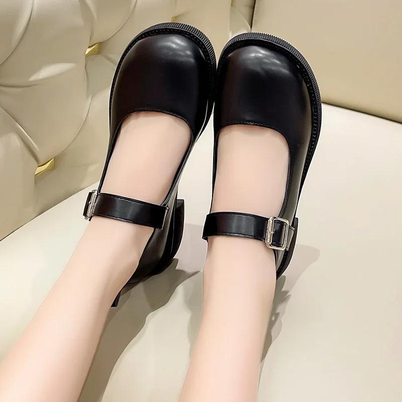 preppy style patent leather Women's leather shoes Low Heel Round Toe Mary Jane Single Shoes with Ankle Buckle Leather Shoes
