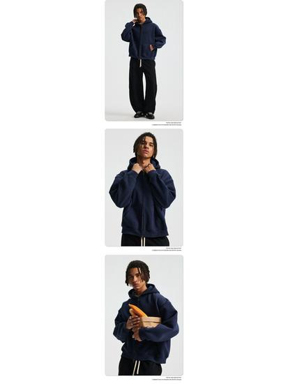 2025 Herbst/Winter Boxy Cropped Reißverschluss Kapuzen-Strickjacke: Unisex Lockerer Fleece-gefütterter Pullover mit tief angesetzten Schultern