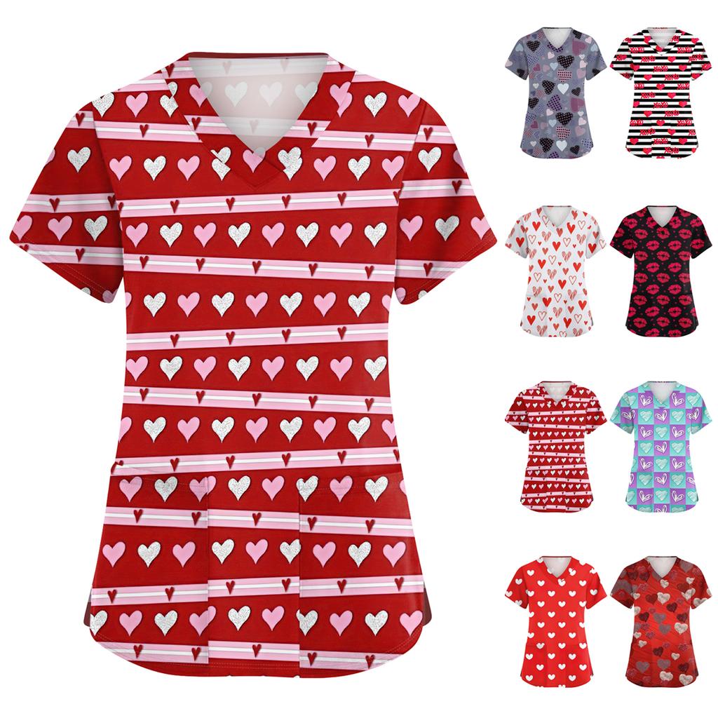 Damen Niedlich Schleife Bedruckt Arbeitskleidung V-Ausschnitt Doppellagig Taschen Basic Kurzarm Oberteil Pullover