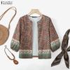 ZANZEA Boho-Print Damen Lässig Offen Vorne 3/4 Ärmel Locker Überwurf Bluse