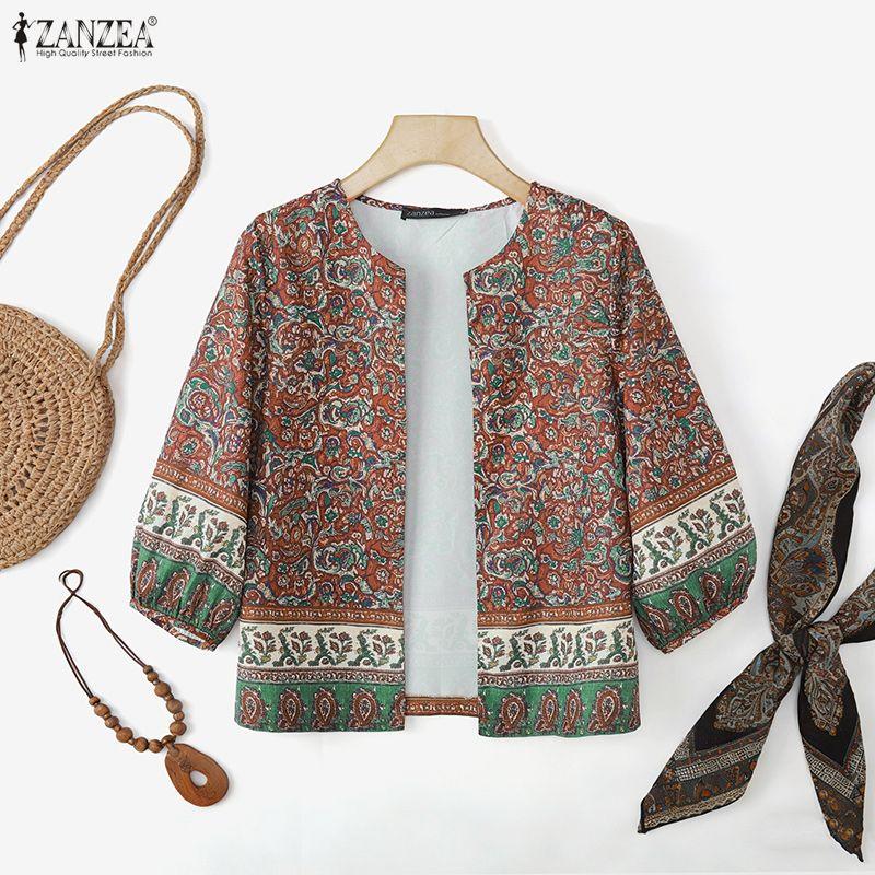 ZANZEA Boho-Print Damen Lässig Offen Vorne 3/4 Ärmel Locker Überwurf Bluse