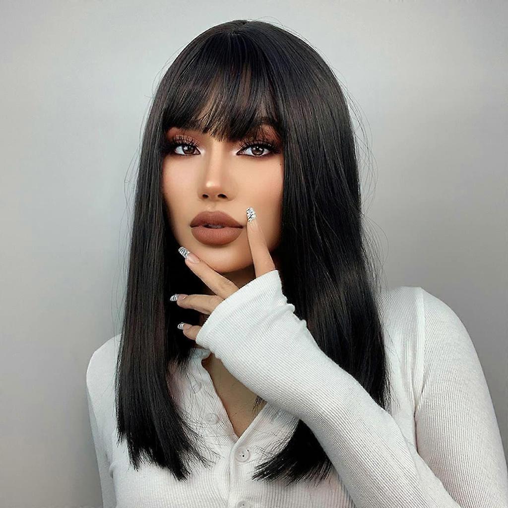 Long Black Wig for Women Black Wig with Bangs Long Straight Black Wig Synthetic