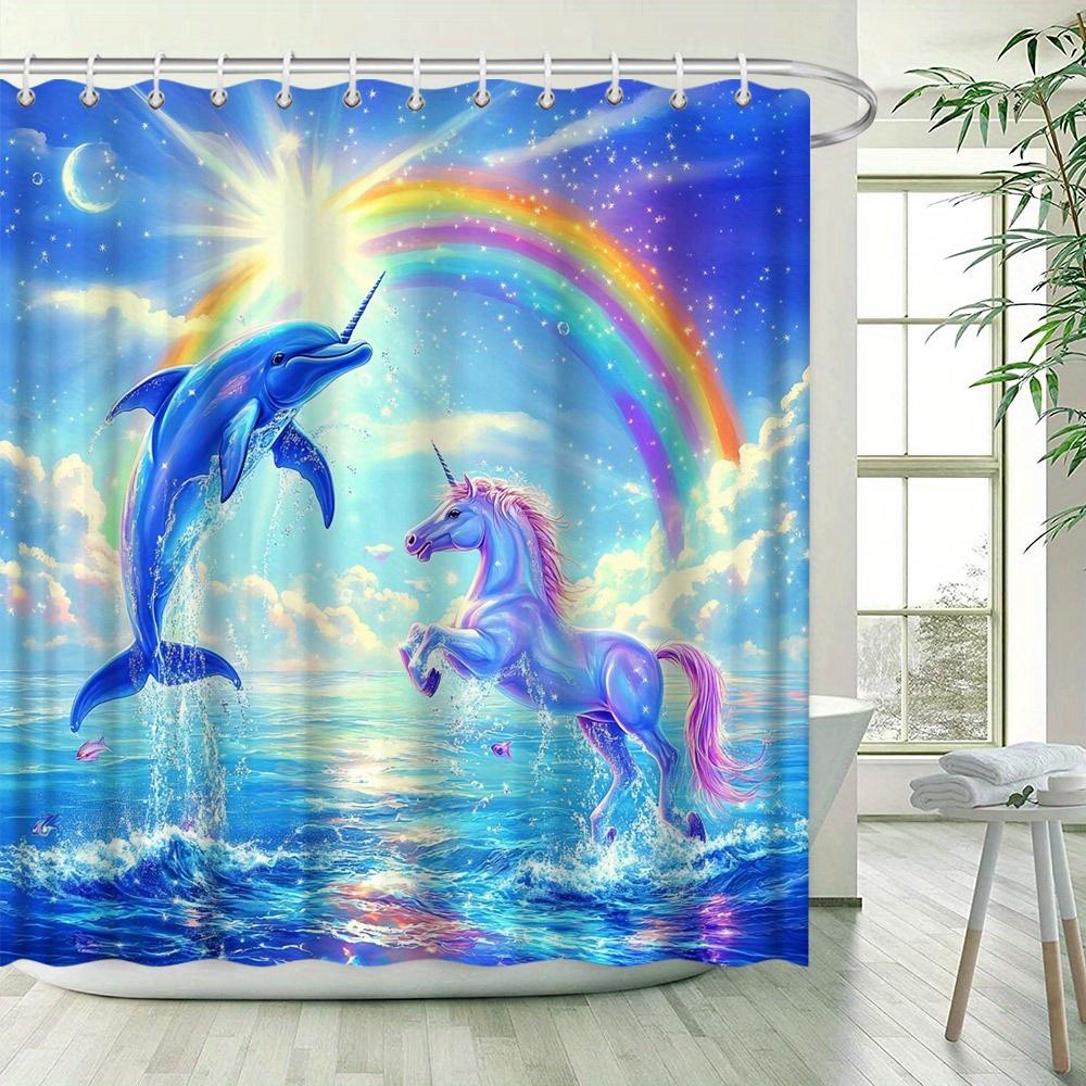 Magiska Varelser Duschdraperi - Enhörning & Delfin, Regnbågsdrömland, Akvarellstil, Vattenresistent Polyester