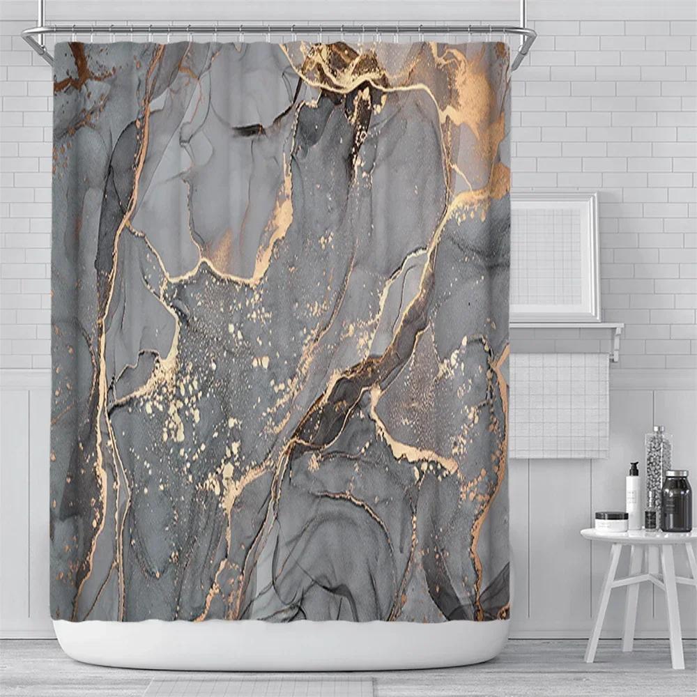 Abstract Navy Blue Gold Marble Shower Curtain Modern Luxury Golden Cracked Lines Fabric Bathroom Curtain Fashion Decor with Hook