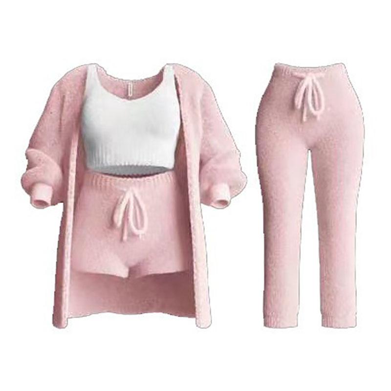 Damen Flauschige 4-teilige 4 Pe Outfits Rundhals Crop Tanktops Langarm Fleece Warm Kapuzen-Cardigan Shorts Set Loungewear