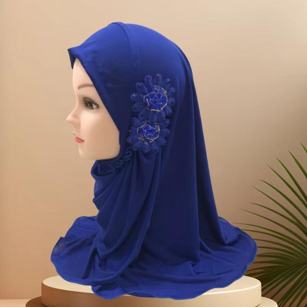 Elastic Children Hijabs Solid Flowers Head Islamic Scarf Shawls  2 To 7 Years Girls