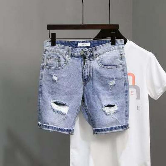 Men's Korean Style Slim Summer Denim Shorts with Distressed Details