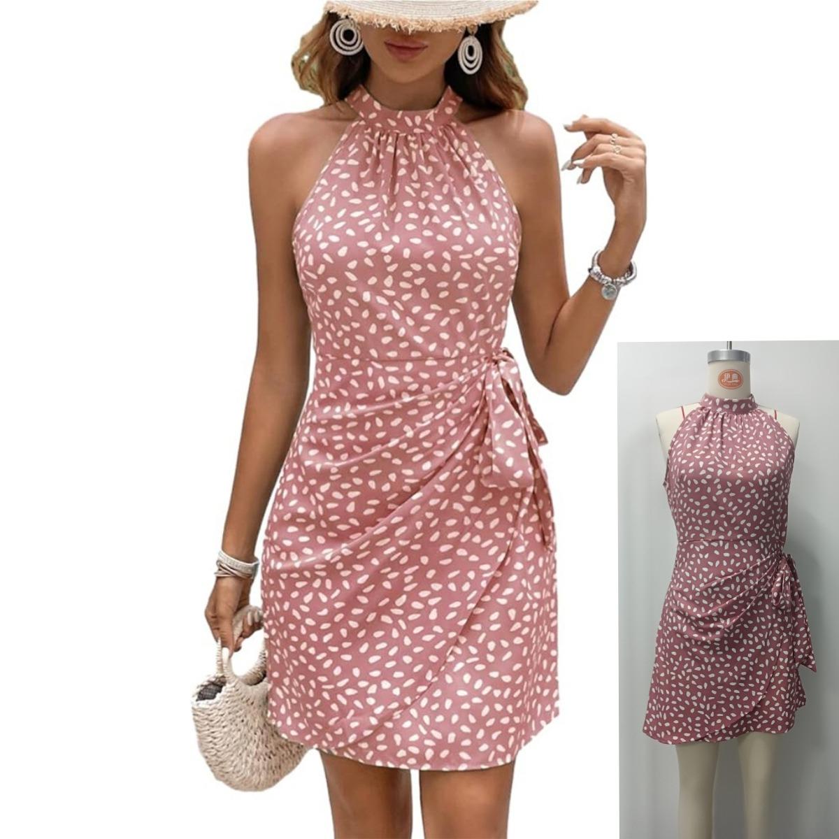 

С горошек плиссированное платье без рукавов платья с завязками на шее S персиковый