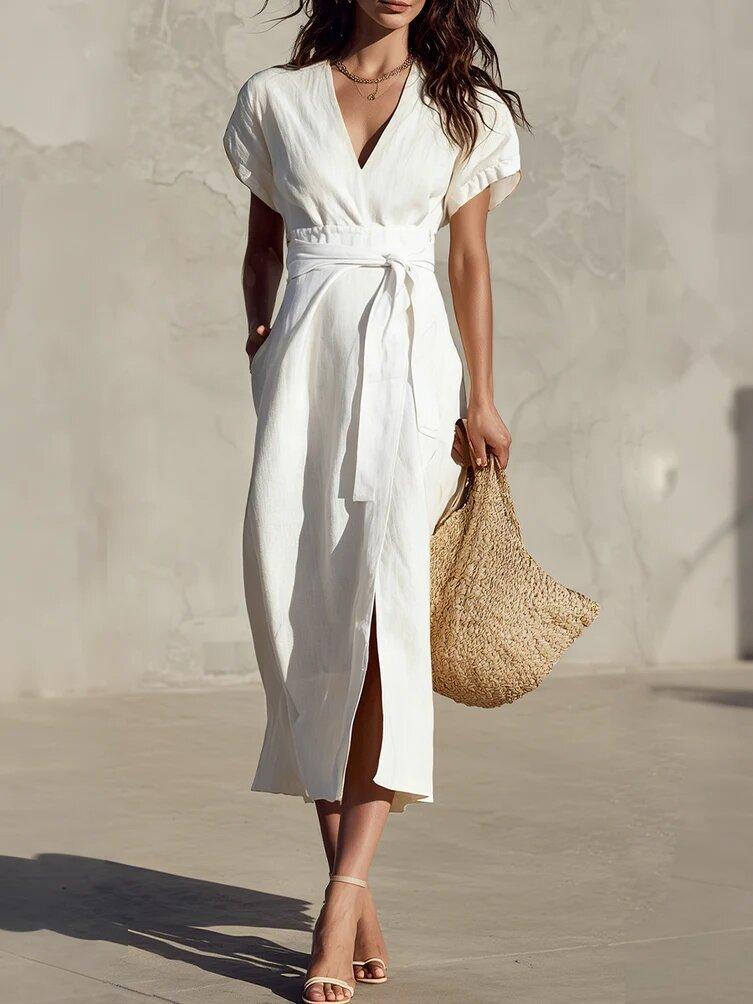 2026 New European and American Cross-border Independent Station Foreign Trade, Casual Simple Solid Color Lace-up V-neck Pocket Medium and Long Dress