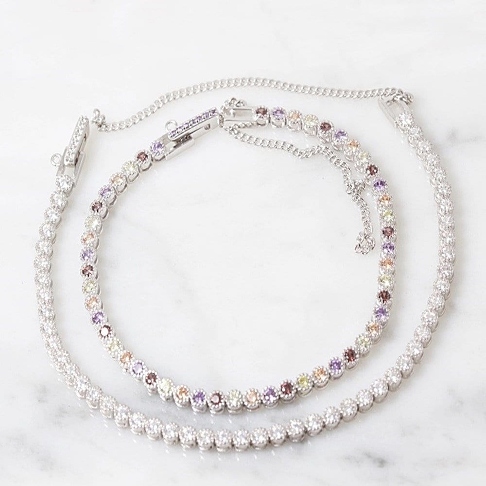 Flower Dot Tennis Cubic Silver Bracelet Multicolor 925 Silver Rainbow Men's and Women's Daily Sterling Silver Couple