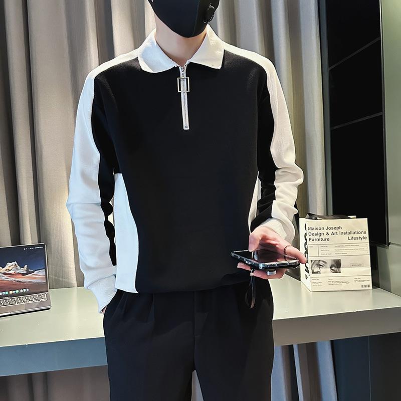 

Осенне-зимняя мужская толстовка в стиле пэчворк, модная футболка с длинным рукавом, высококачественная корейская рубашка-поло с застежкой-молнией на половину длины 3XL