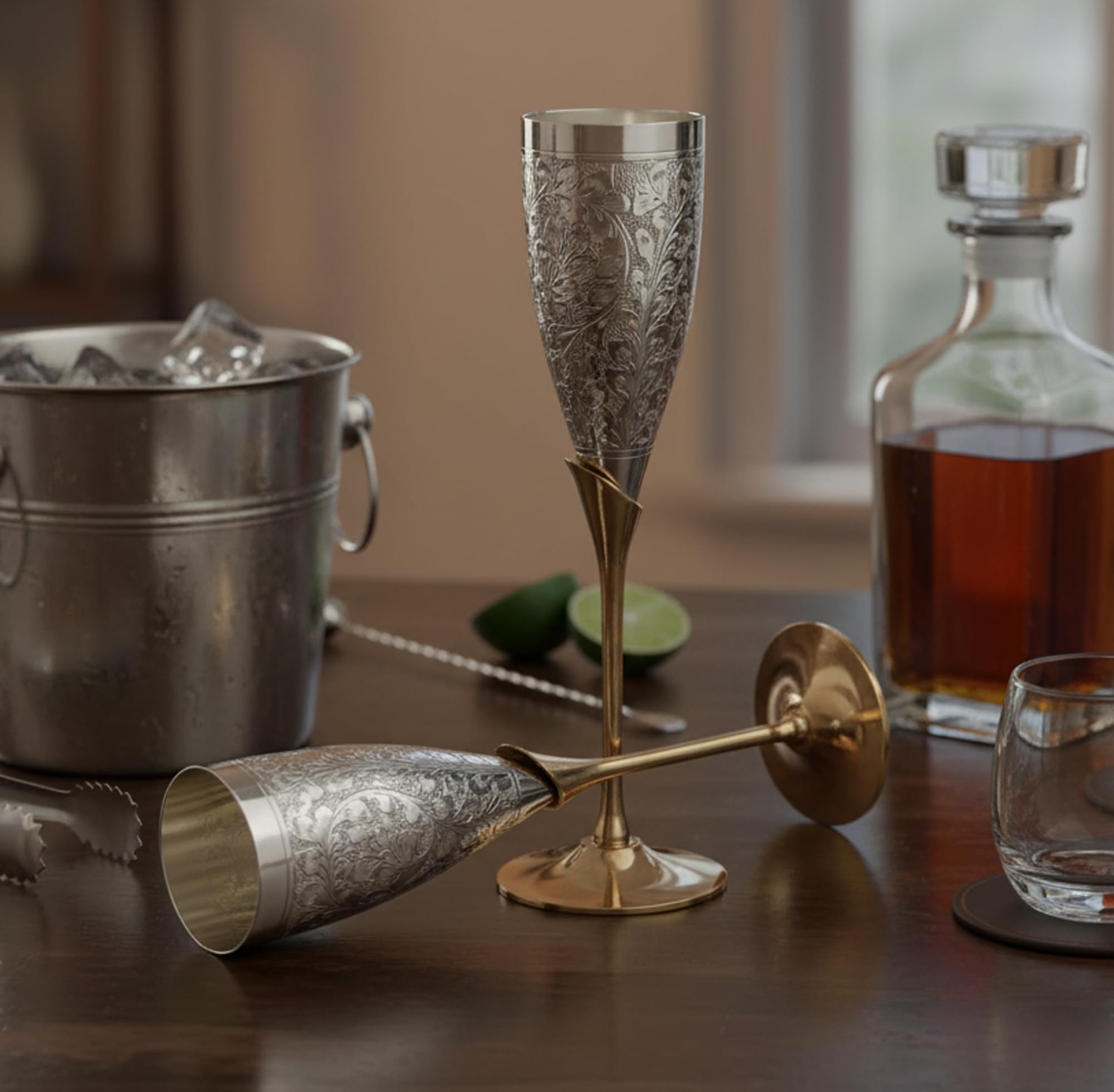 

Stonecraft Engraved Brass Goblet Champagne Glasses (Slender) - Includes Flute, Coupe, and Wine Glasses