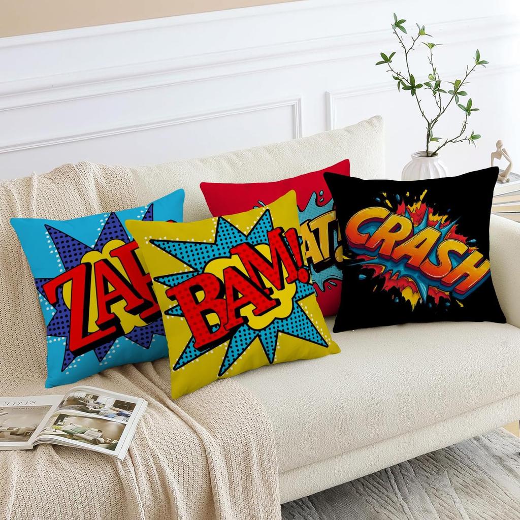 Set of 4 Super Hero Comic Throw Pillow Covers 18x18 Inch, Colorful Pop Art Decorative Cushion Covers with Splat Bam Zap Crash Designs for Sofa Couch