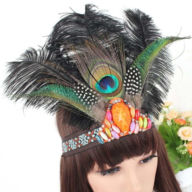 Ethnic Style Headband with Rhinestone&Feather Decors Unique Hair Hoop Women Bride Wedding Party Taking Photo Headband