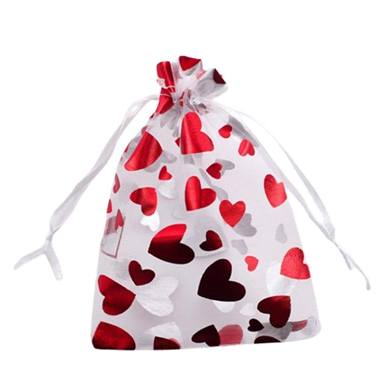 10Pcs Fashionable Red Love Heart Organza Bags Wedding Party Gift Drawstring Bag For Candy,chocolate,small Jewelry And Snacks