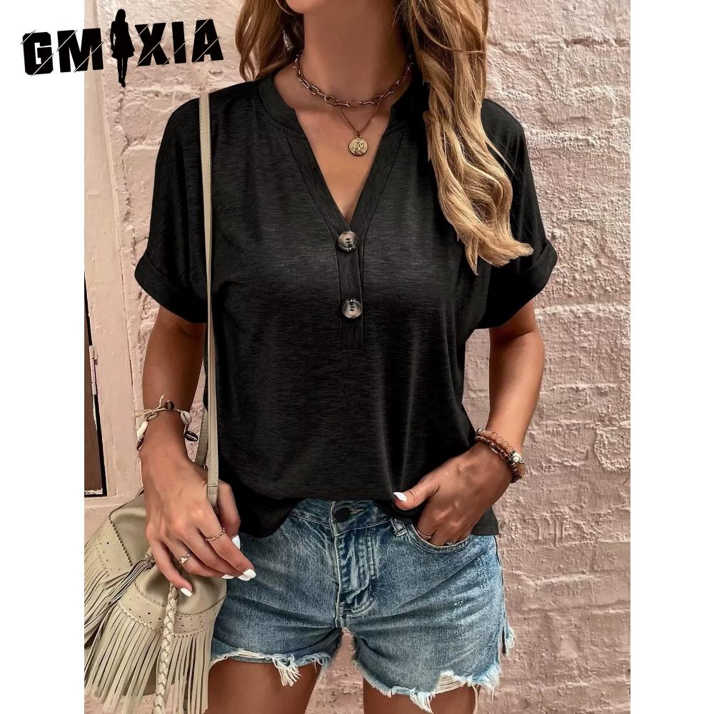 

GMXIA Женские модные повседневные однотонные блузки и рубашки с короткими рукавами и v-образным вырезом с принтом S чёрный