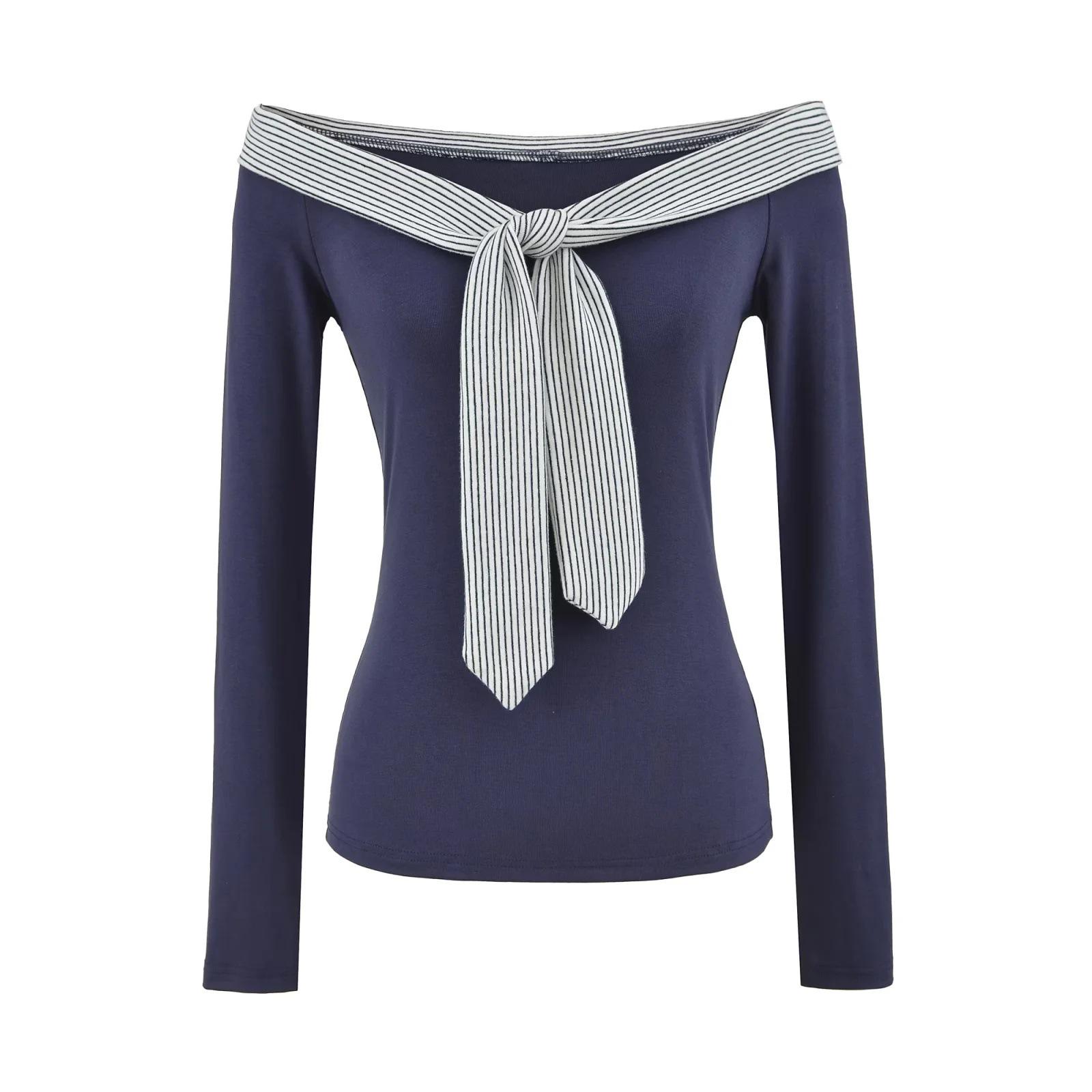 American Spicy Girl Patchwork Striped One-Shoulder Lace-Up Long-Sleeve Slim-Fit Top for Women - Spring/Autumn. Large темно-синий