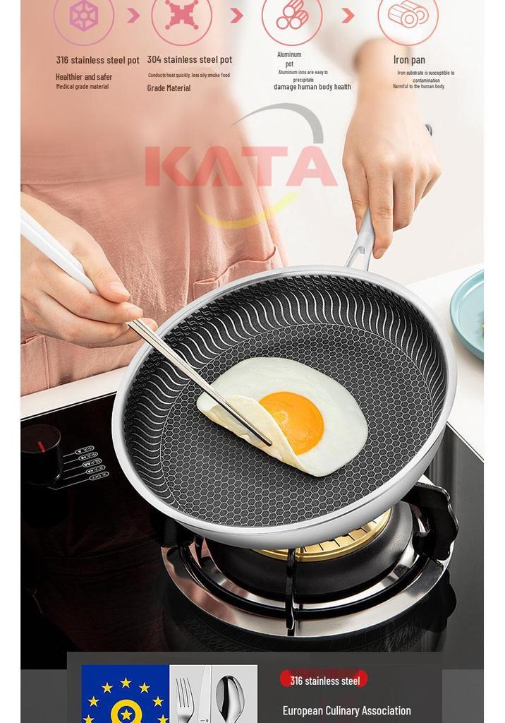 316L Stainless Steel Frying Pan for Home Use, Flat Bottom, Non-Coated, Ideal for Steak and Fried Eggs, Compatible with Induction and Gas Stoves