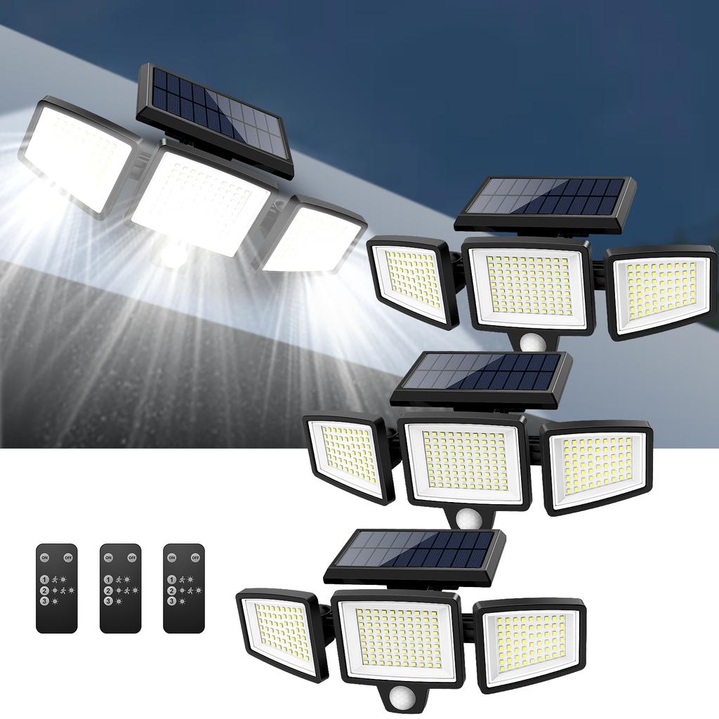 Outdoor Waterproof Solar Light with Motion Sensor 3-Head 200+ LEDs Security Light for Porches Garages Yard Entrances