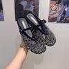 Super breathable~ Rhinestone golden fishing net bag head half slippers women's 2025 summer new thick-bottomed Mary Jane French sandals
