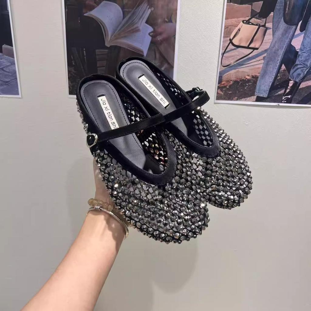 Super breathable~ Rhinestone golden fishing net bag head half slippers women's 2025 summer new thick-bottomed Mary Jane French sandals
