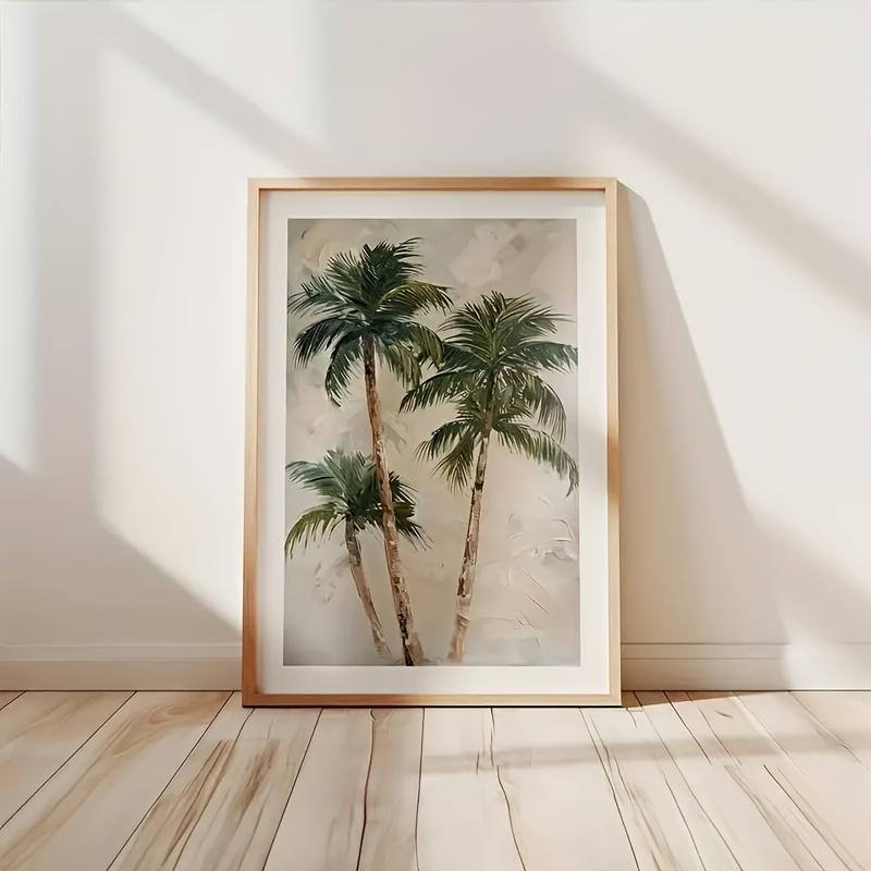 1pc Frameless Canvas Poster - Modern Tropical Palm Tree Art, Vibrant Green & Beige Botanical Print, High-Quality Canvas Wall Dec