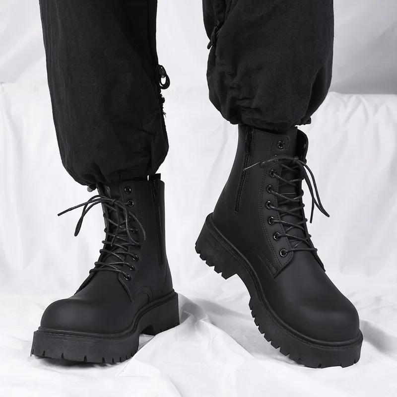 

Spring New Fashion Casual Simple Black British Style Men s Boots High Top Waterproof Casual Leather Boots 46