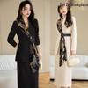 White Floral Print Blazer and Wide-Leg Pants Set - Women's Light Luxury Evening Wear