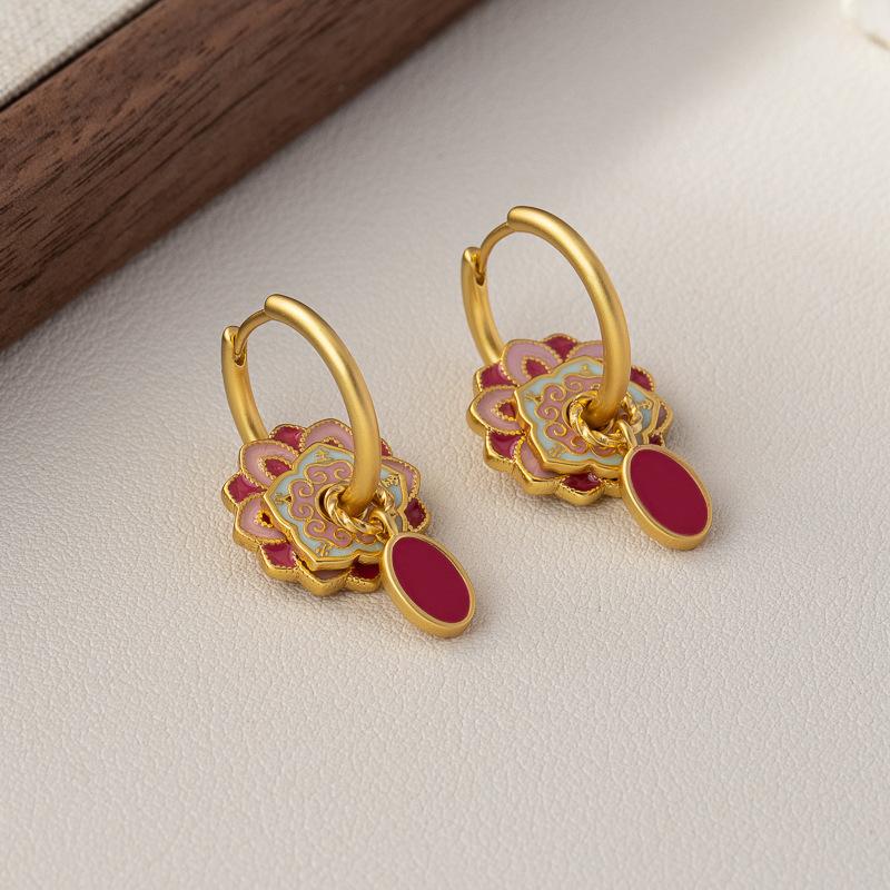 Retro color enamel new Chinese earrings drip glaze circle ethnic style niche light luxury high-end ear jewelry