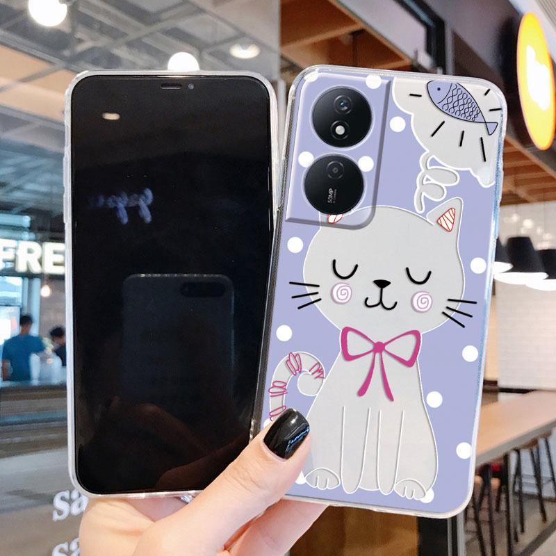 Phone Case For Honor X7b 4G 5G Case Silicone Flowers Cute Cat Bumper Coque For HonorX7B X 7B Cover Protective Soft Clear Shell