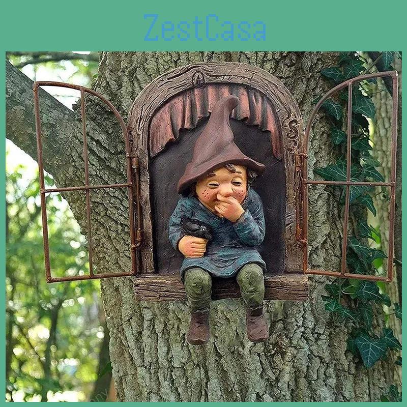 Lifelike Elf Out The Door Naughty Gnome Garden Sculpture Tree Hugger Outdoor Yard Ornament