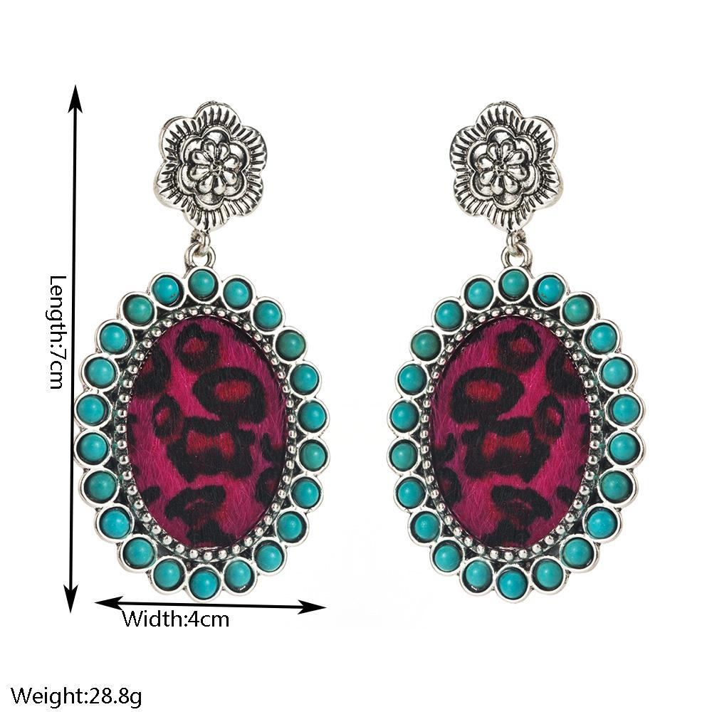 Ethnic style earrings retro court style with turquoise leopard print leather exaggerated personality earrings
