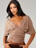 French Light Luxury Deep V Backless Short Sleeve Top Women's Bat Sleeve Waist Folds Premium Sexy Spice T-Shirt