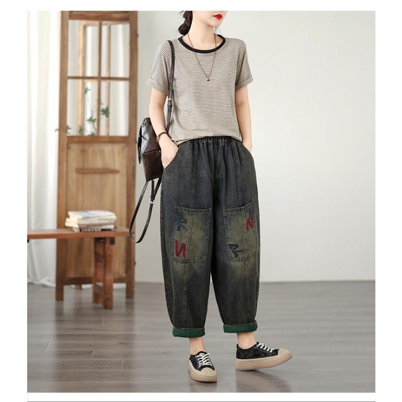DIMANAF 2026 Summer New Plus Size Women Jeans Elastic Waist Vintage Print Long Pants Loose Casual Denim Cotton Trousers Pants