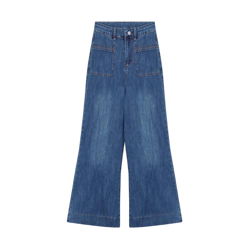 

Women s High-Waisted French Retro Blue Wide-Leg Jeans - Floor-Length and Micro-Flare for Early Autumn Large синій