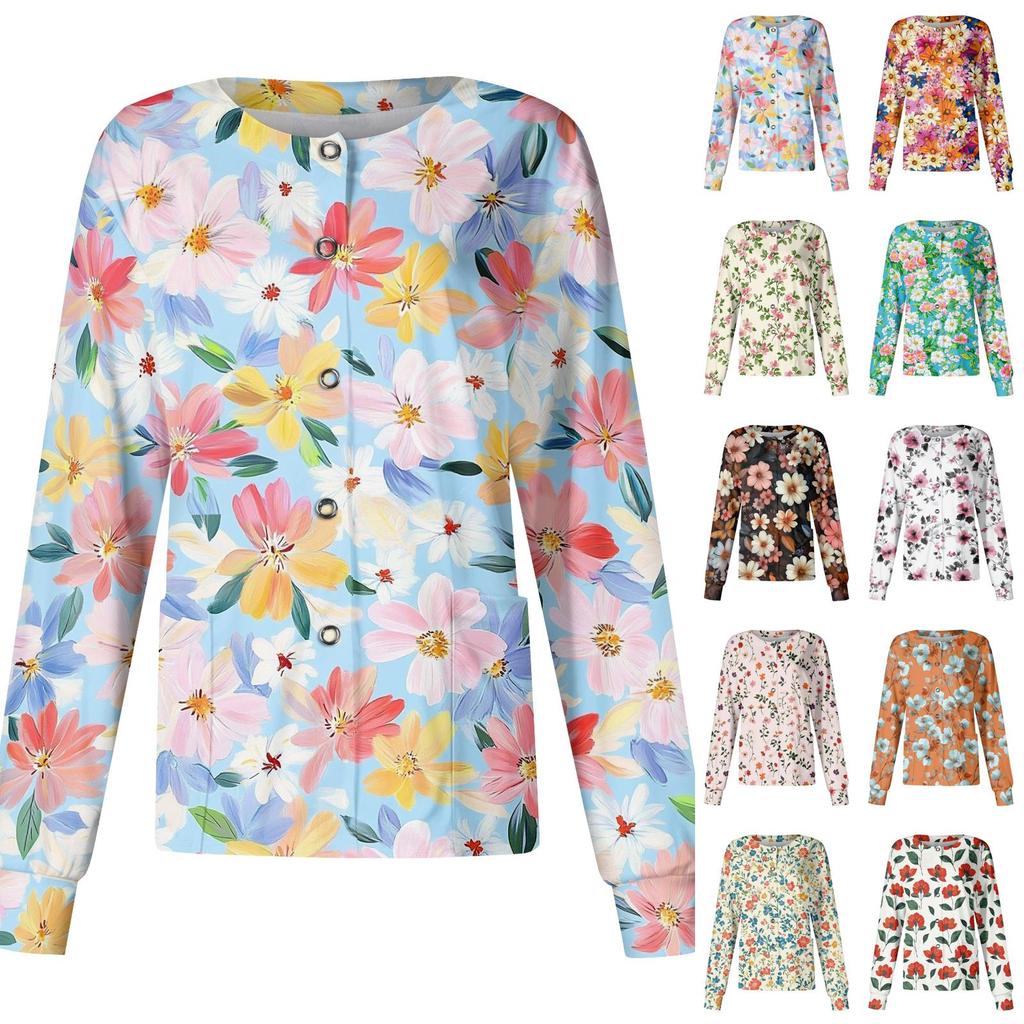 Women's Casual Long Sleeve Single Breasted Floral Print Medical Scrub Cardigan Top Comfortable Fit Lightweight Fabric Suitable for Work