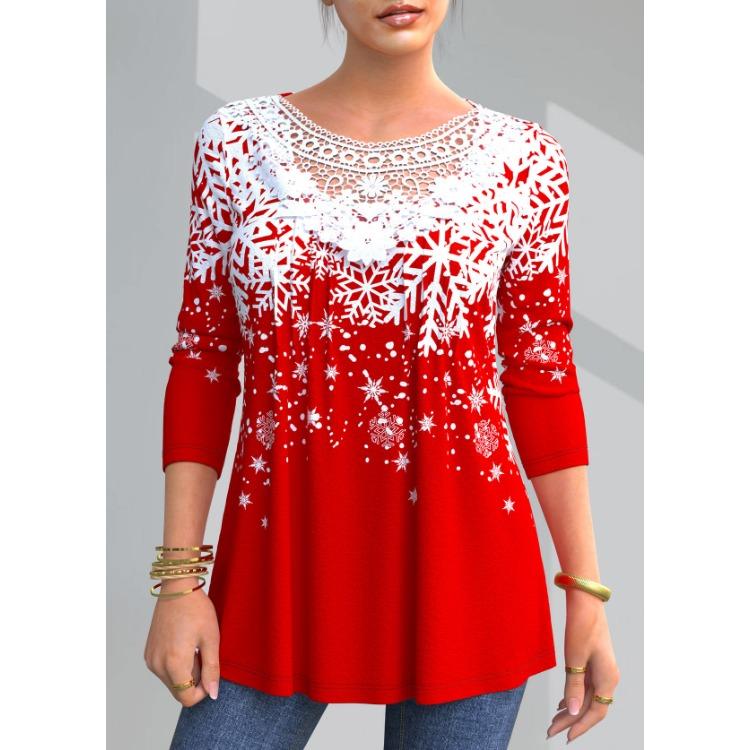 

Весенне-осенняя женская блузка больших размеров с кружевным принтом и рождественским элементом, свободный топ с длинными рукавами 4XL