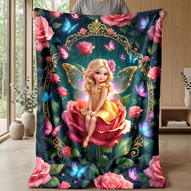 Fairy On Rose with Butterflies Theme Blanket Lightweight Warm Flannel Blanket Decorative Throw Blanket for Home Decoration