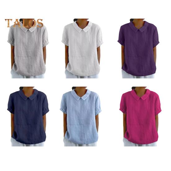 Damen Freizeithemd mit umgeschlagenem Kragen, kurzärmelig, einfarbig, lockere Passform, Sommer-T-Shirt für den Alltag
