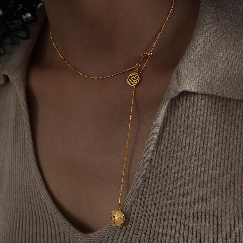 Stainless Steel Chain Necklace For Women 18k Gold Plated Non Tarnish Adjustable Women's Necklaces With Chinese Character Pendant