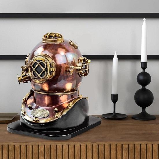 45.72 Cm  Brass Steel Diver's Helmet Nautical Scuba Diving Replica with Wooden Base Marine Decor Collectible