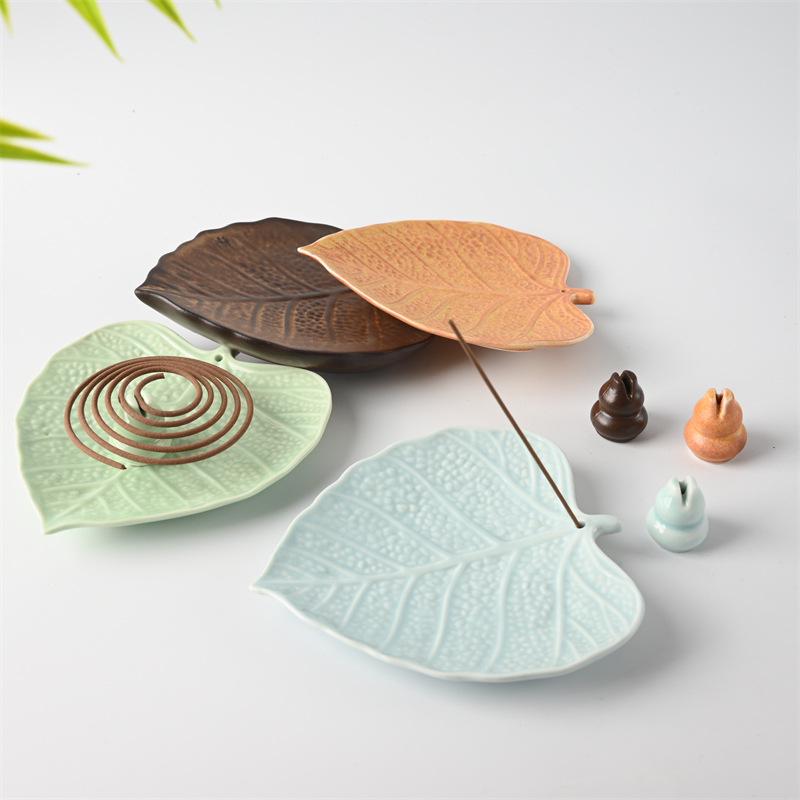 Exquisite Antique Ceramic Bodhi Leaf Incense Holder for Sandalwood & Agarwood Coils