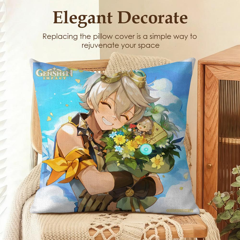 Bennett Genshin Impact Cute Cushion Cover Natural Linen Organic Fabric Double-Sided Printing Sofa Home Decor Gift Pillow Case