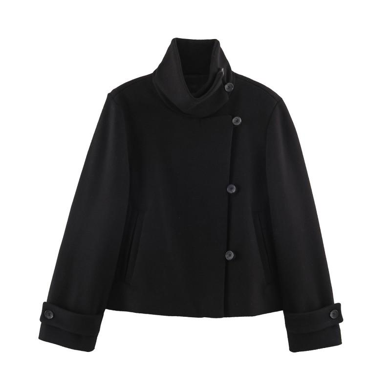 2026 Womens Street Fashion Long Sleeve Turtleneck Solid Color Double-Breasted Jacket W05