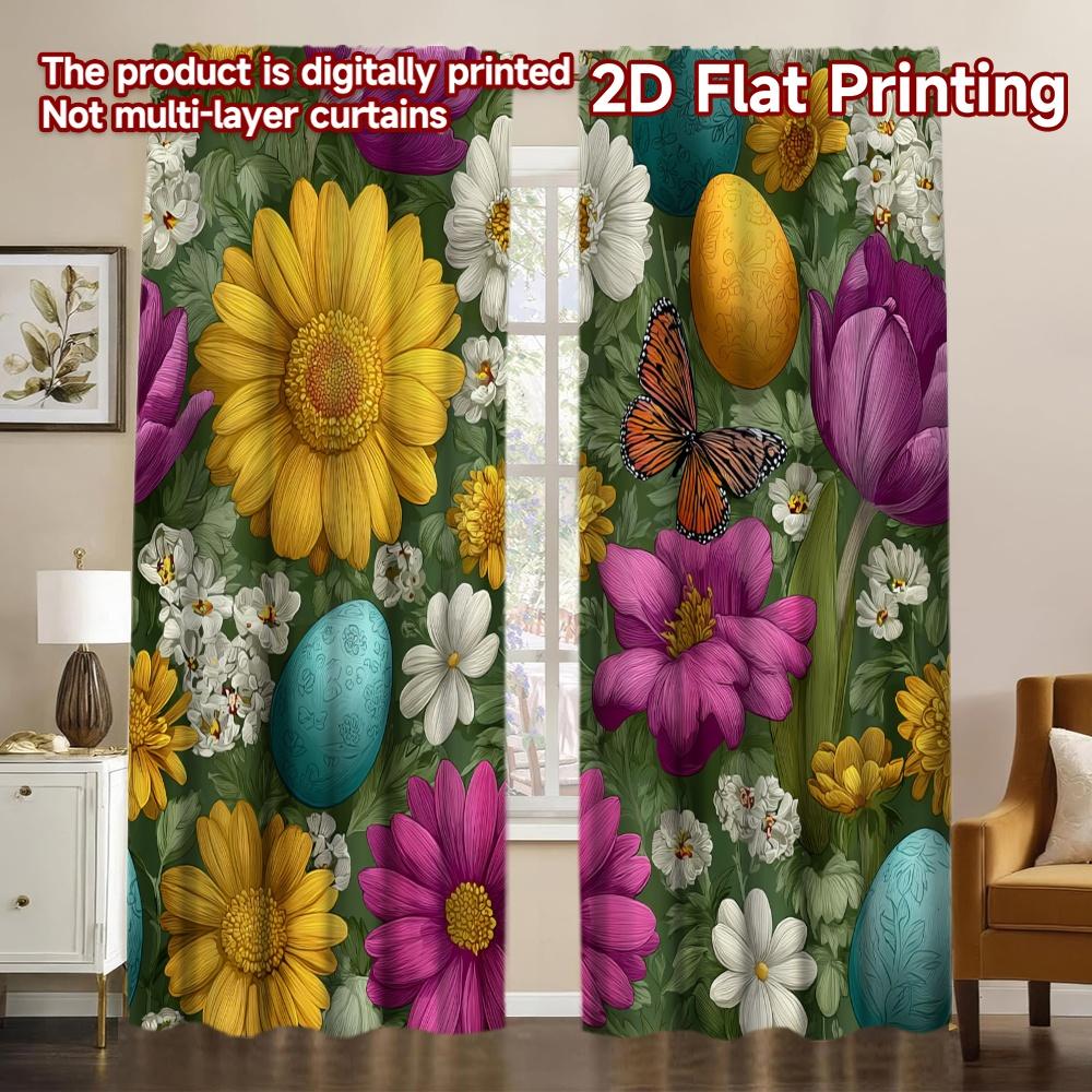 

Modern Flat Printing Curtains Without Rod Easter Eggs Flowers Fashionable Versatile Polyester Fabric Set Of 2 Made W100*H70(CM)-Hooks&1PCS
