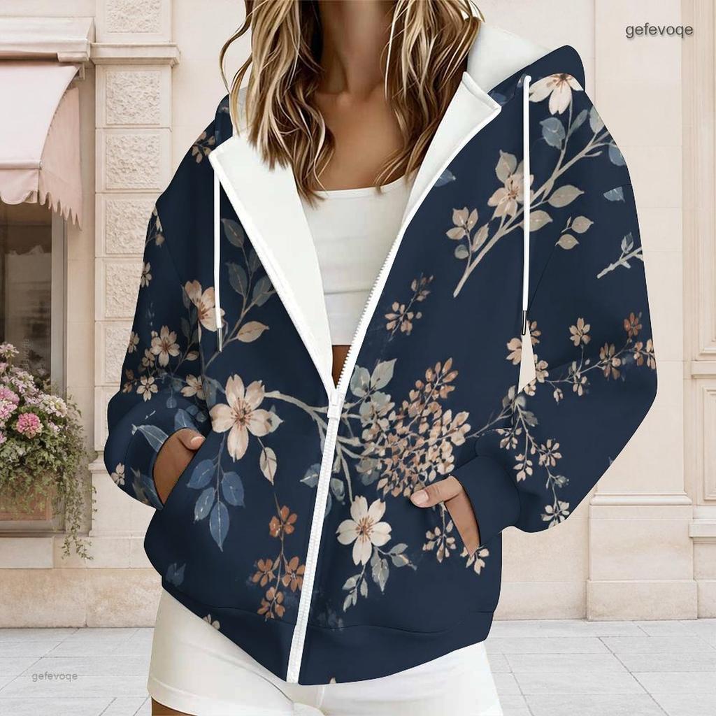 Women Plus Size Black Floral Print Zip Up Long Sleeve Drawstring Hoodie With Pockets